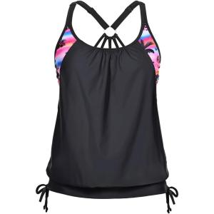 imageHolipick Womens Blouson Tankini Tops Only Tummy Control Swimsuit Top with Racerback No BottomBlack Pink