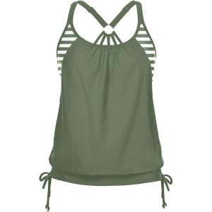 imageHolipick Womens Blouson Tankini Tops Only Tummy Control Swimsuit Top with Racerback No BottomGreen Striped