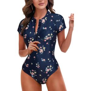 imageHolipick Womens One Piece Short Sleeve Rash Guard Surfing Modest Swimsuit Zipper Front Bathing Suit with Built in BraNavy Floral