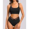 imageHolipick High Waisted Bikini Sets for Women Tummy Control Two Piece Swimsuit Mesh Sport Bathing Suit with BottomBlack Cross