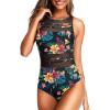 imageHolipick Women High Neck One Piece Mesh Swimsuits Full Coverage Bathing Suits Slimming SwimwearBlack Floral