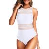 imageHolipick Women High Neck One Piece Mesh Swimsuits Full Coverage Bathing Suits Slimming SwimwearWhite