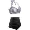 imageHolipick Women High Waisted Bikini Set Two Piece Swimsuit Tummy Control Bathing Suit Vintage Halter SwimwearBlack White Stripe