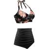 imageHolipick Women High Waisted Bikini Set Two Piece Swimsuit Tummy Control Bathing Suit Vintage Halter SwimwearBlack and Flower