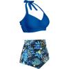 imageHolipick Women High Waisted Bikini Set Two Piece Swimsuit Tummy Control Bathing Suit Vintage Halter SwimwearBlue Floral