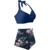 imageHolipick Women High Waisted Bikini Set Two Piece Swimsuit Tummy Control Bathing Suit Vintage Halter SwimwearBlue Flower