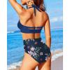 imageHolipick Women High Waisted Bikini Set Two Piece Swimsuit Tummy Control Bathing Suit Vintage Halter SwimwearBlue Flower
