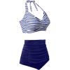 imageHolipick Women High Waisted Bikini Set Two Piece Swimsuit Tummy Control Bathing Suit Vintage Halter SwimwearBlue Stripe