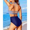 imageHolipick Women High Waisted Bikini Set Two Piece Swimsuit Tummy Control Bathing Suit Vintage Halter SwimwearBlue Stripe