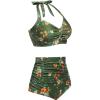 imageHolipick Women High Waisted Bikini Set Two Piece Swimsuit Tummy Control Bathing Suit Vintage Halter SwimwearGreen Flowers