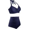 imageHolipick Women High Waisted Bikini Set Two Piece Swimsuit Tummy Control Bathing Suit Vintage Halter SwimwearNavy Blue