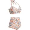 imageHolipick Women High Waisted Bikini Set Two Piece Swimsuit Tummy Control Bathing Suit Vintage Halter SwimwearOrange Floral Printe