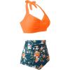 imageHolipick Women High Waisted Bikini Set Two Piece Swimsuit Tummy Control Bathing Suit Vintage Halter SwimwearOrange Flowers