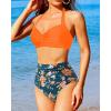 imageHolipick Women High Waisted Bikini Set Two Piece Swimsuit Tummy Control Bathing Suit Vintage Halter SwimwearOrange Flowers