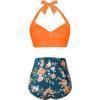 imageHolipick Women High Waisted Bikini Set Two Piece Swimsuit Tummy Control Bathing Suit Vintage Halter SwimwearOrange Flowers