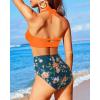 imageHolipick Women High Waisted Bikini Set Two Piece Swimsuit Tummy Control Bathing Suit Vintage Halter SwimwearOrange Flowers