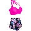 imageHolipick Women High Waisted Bikini Set Two Piece Swimsuit Tummy Control Bathing Suit Vintage Halter SwimwearPink Floral