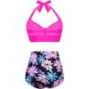 imageHolipick Women High Waisted Bikini Set Two Piece Swimsuit Tummy Control Bathing Suit Vintage Halter SwimwearPink Floral