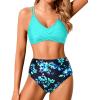 imageHolipick Women High Waisted Bikini Set Two Piece Swimsuits Push up Wrap Swim Suits Top Tummy Control Bathing SuitAqua and Blue Flower