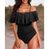 imageHolipick Women Off Shoulder One Piece Swimsuits Tummy Control Bathing Suits Vintage Ruffle SwimwearBlack