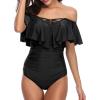 imageHolipick Women Off Shoulder One Piece Swimsuits Tummy Control Bathing Suits Vintage Ruffle SwimwearBlack