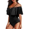 imageHolipick Women Off Shoulder One Piece Swimsuits Tummy Control Bathing Suits Vintage Ruffle SwimwearBlack