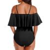 imageHolipick Women Off Shoulder One Piece Swimsuits Tummy Control Bathing Suits Vintage Ruffle SwimwearBlack