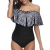 imageHolipick Women Off Shoulder One Piece Swimsuits Tummy Control Bathing Suits Vintage Ruffle SwimwearBlack White