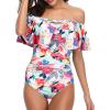 imageHolipick Women Off Shoulder One Piece Swimsuits Tummy Control Bathing Suits Vintage Ruffle SwimwearPink Leaf
