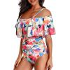 imageHolipick Women Off Shoulder One Piece Swimsuits Tummy Control Bathing Suits Vintage Ruffle SwimwearPink Leaf