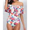imageHolipick Women Off Shoulder One Piece Swimsuits Tummy Control Bathing Suits Vintage Ruffle SwimwearPink Leaf