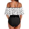 imageHolipick Women Off Shoulder One Piece Swimsuits Tummy Control Bathing Suits Vintage Ruffle SwimwearWhite Dot