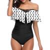 imageHolipick Women Off Shoulder One Piece Swimsuits Tummy Control Bathing Suits Vintage Ruffle SwimwearWhite Dot