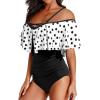 imageHolipick Women Off Shoulder One Piece Swimsuits Tummy Control Bathing Suits Vintage Ruffle SwimwearWhite Dot