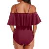 imageHolipick Women Off Shoulder One Piece Swimsuits Tummy Control Bathing Suits Vintage Ruffle SwimwearWine Red