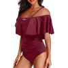 imageHolipick Women Off Shoulder One Piece Swimsuits Tummy Control Bathing Suits Vintage Ruffle SwimwearWine Red