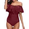 imageHolipick Women Off Shoulder One Piece Swimsuits Tummy Control Bathing Suits Vintage Ruffle SwimwearWine Red