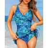 imageHolipick Women One Piece Swimsuit Tummy Control Swimdress Modest Bathing Suit Skirt V Neck Drawstring SwimwearTeal Blue Leaves