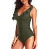 imageHolipick Women One Piece Swimsuits Tummy Control Bathing Suit Ruffle V Neck Swimwear Slimming MonokiniArmy Green