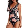 imageHolipick Women One Piece Swimsuits Tummy Control Bathing Suit Ruffle V Neck Swimwear Slimming MonokiniBlack Flower