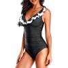 imageHolipick Women One Piece Swimsuits Tummy Control Bathing Suit Ruffle V Neck Swimwear Slimming MonokiniBlack and White