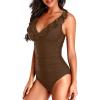 imageHolipick Women One Piece Swimsuits Tummy Control Bathing Suit Ruffle V Neck Swimwear Slimming MonokiniBrown