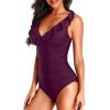 imageHolipick Women One Piece Swimsuits Tummy Control Bathing Suit Ruffle V Neck Swimwear Slimming MonokiniDark Purple