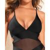 imageHolipick Women Sexy One Piece Swimsuits Mesh High Waisted Bathing Suits Plunge V Neck Monokini Cutout SwimwearBlack