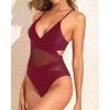 imageHolipick Women Sexy One Piece Swimsuits Mesh High Waisted Bathing Suits Plunge V Neck Monokini Cutout SwimwearWine Red