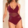 imageHolipick Women Sexy One Piece Swimsuits Mesh High Waisted Bathing Suits Plunge V Neck Monokini Cutout SwimwearWine Red