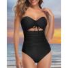 imageHolipick Women Tummy Control One Piece Swimsuits Strapless Bandeau Bathing Suits Ruched Slimming SwimwearBlack
