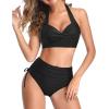 imageHolipick Women Two Piece Retro Swimsuit Halter Tummy Control High Waisted Bikini with BottomBlack