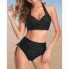 imageHolipick Women Two Piece Retro Swimsuit Halter Tummy Control High Waisted Bikini with BottomBlack