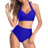 imageHolipick Women Two Piece Retro Swimsuit Halter Tummy Control High Waisted Bikini with BottomBlue
